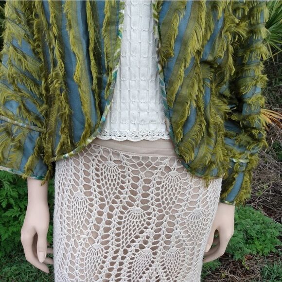 EUC VINTAGE ZONDA NELLIS Blue/Gray Satin with Olive Green Shag & Velvet Trim M - Picture 4 of 11